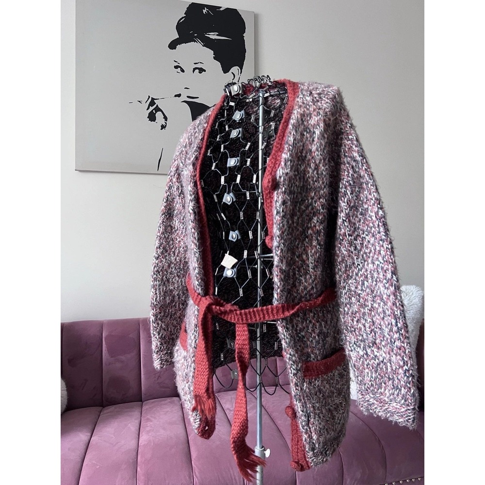 Vintage 70s‎ Chunky Knit Cardigan Sweater Rust Marled Boho Belted One Size